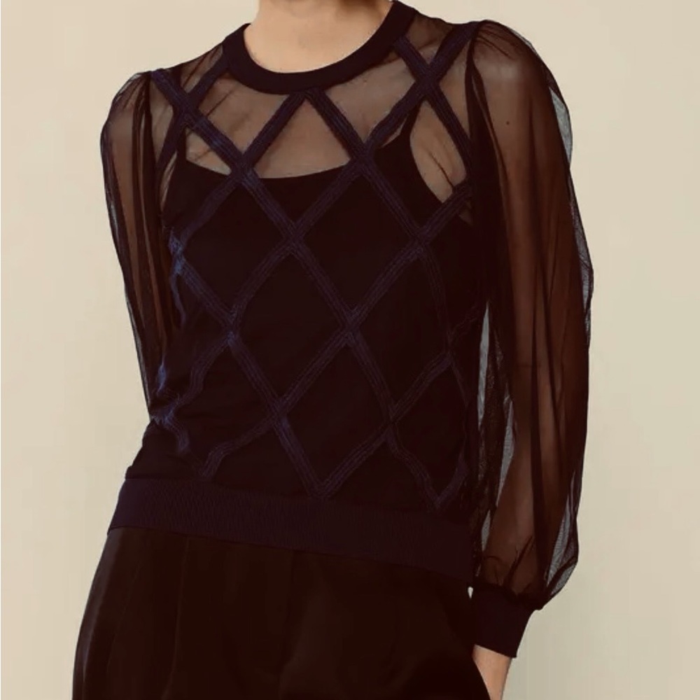 ON SALE 904. Current Air Black Sheer Diamond Print Blouse